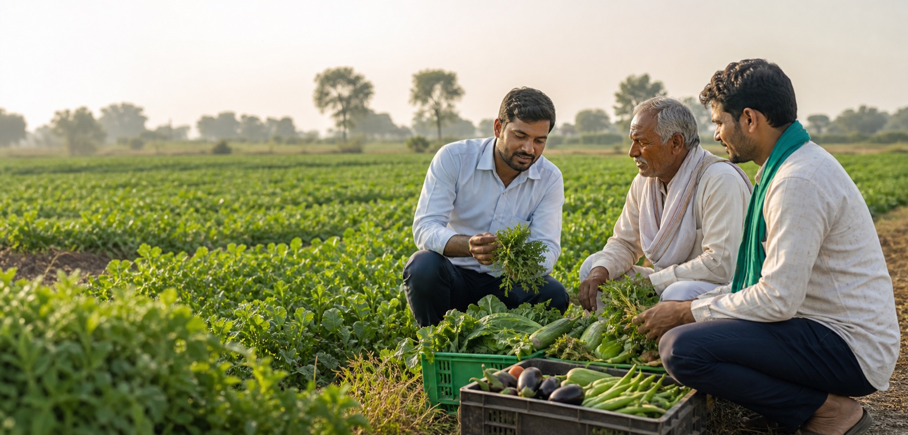 Farmers and sourcing partners inspecting produce in an Indian farm field