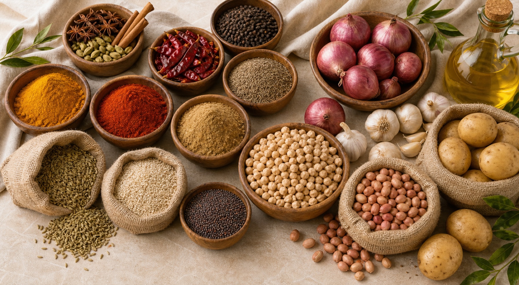 Whole Indian spices arranged for export
